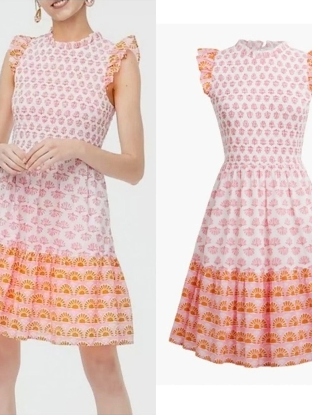 J. Crew Pink Dress with Orange Printed Hem and Ruffle Sleeves